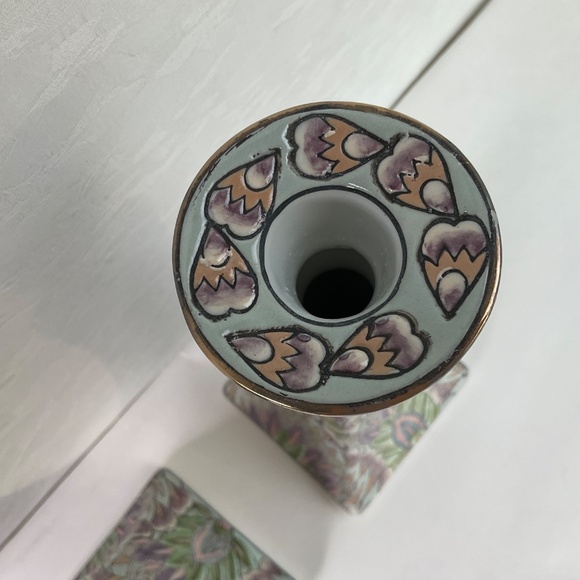 Vintage Chinoiserie Candle Holders Pastel Textured Boho Decor - One Pair (2) - Picture 5 of 13